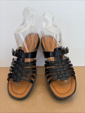 Women's Vintage Black Woven-Leather Buckle Sandals